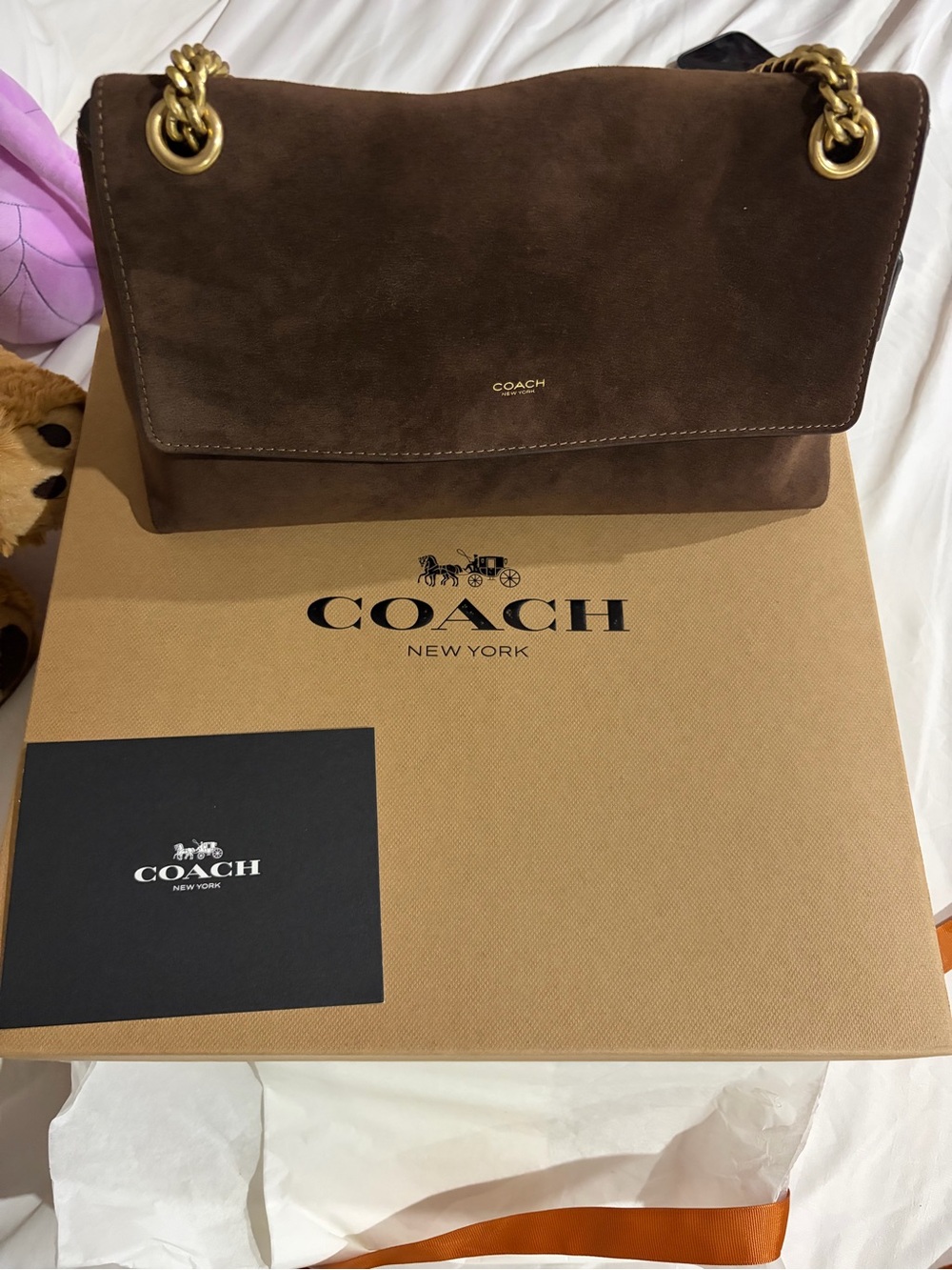 Coach Brown Suede Shoulder Bag with Gold Chain